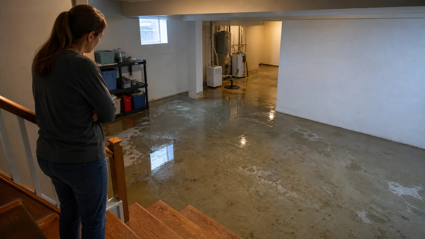 Northern Ohio homeowner looks down from dry stairs at standing water across a flooded basement floor.