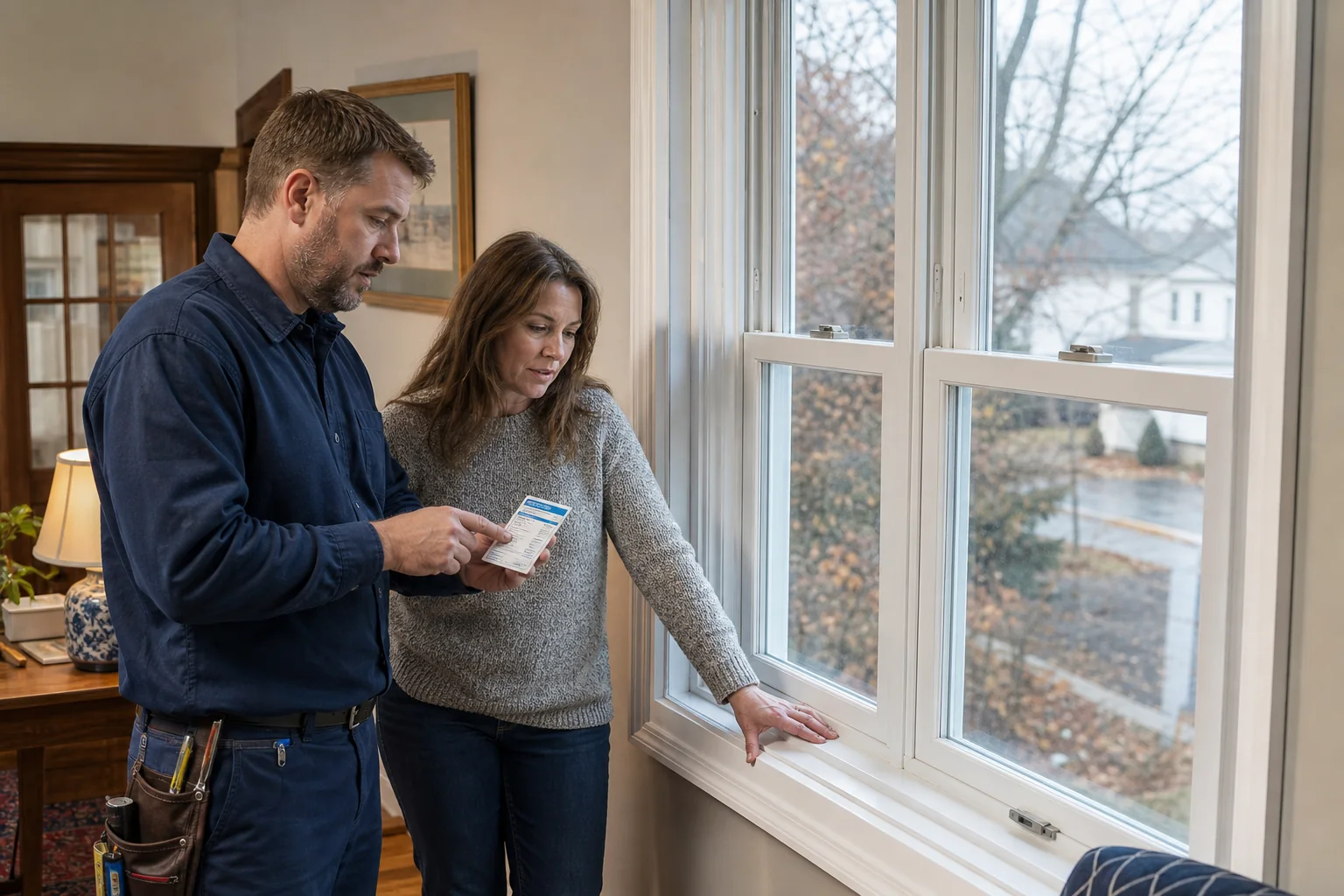 Window professional shows a homeowner an energy-performance label beside white replacement windows in a home.