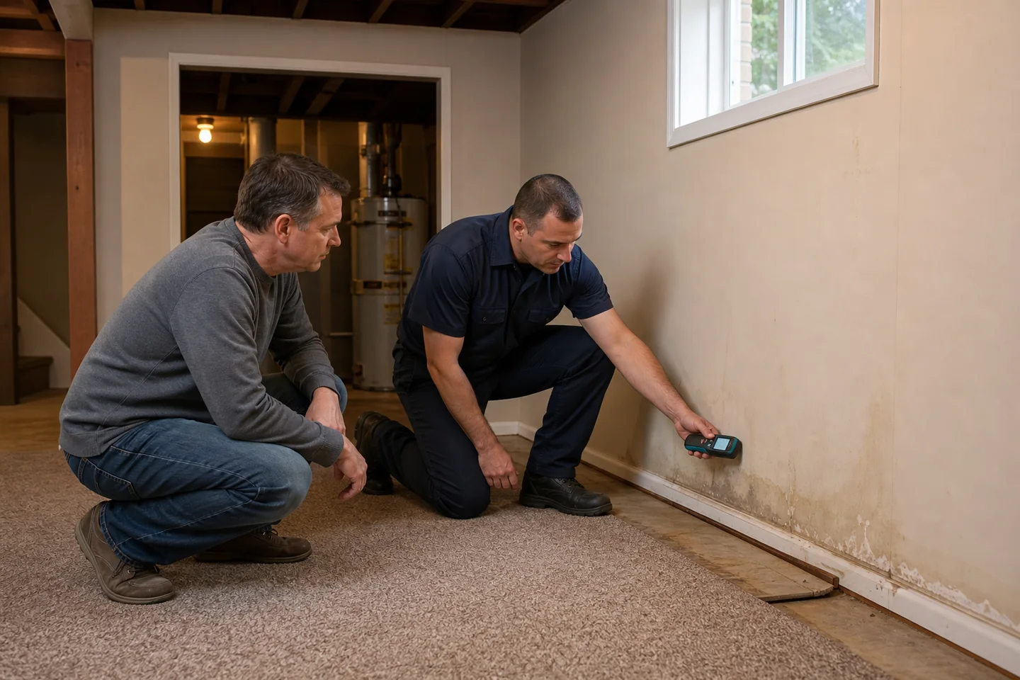 Homeowner and water-restoration professional use a moisture meter beside a water-stained basement wall in a home.