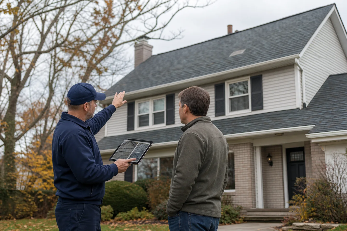Roofer and homeowner review roof inspection photos from the ground beside an older asphalt-shingle home in your area.