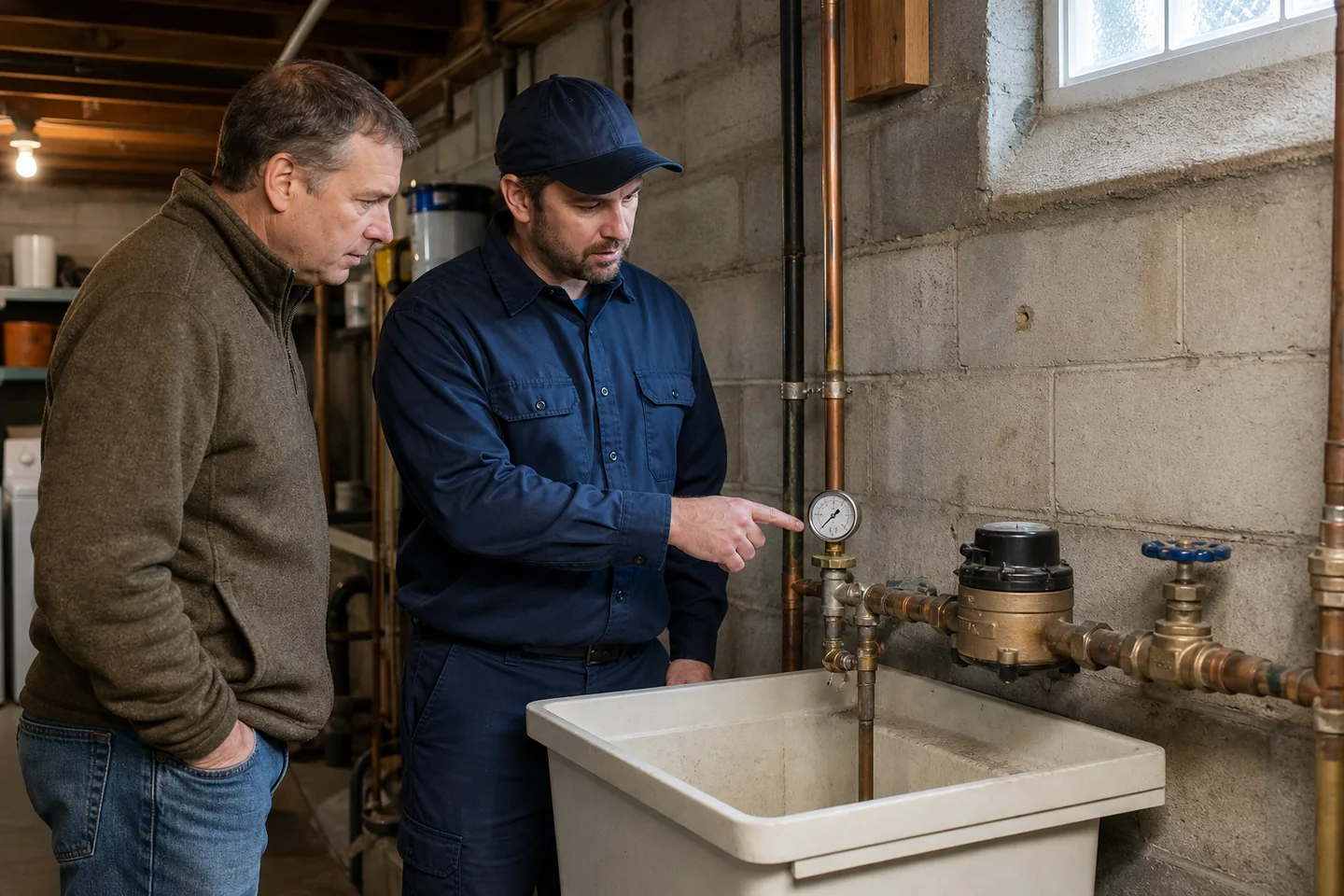 Plumber shows a homeowner a water-pressure gauge attached near the meter in an older local basement.