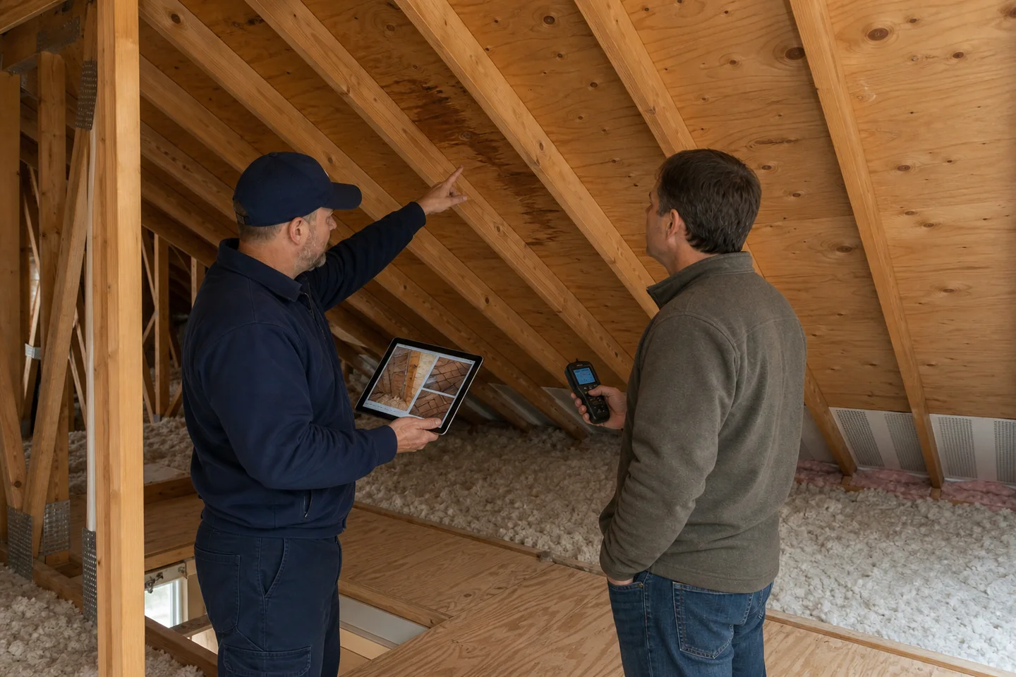 Homeowner and building professional inspect attic sheathing, insulation, and ventilation from a safe walkway in a home.