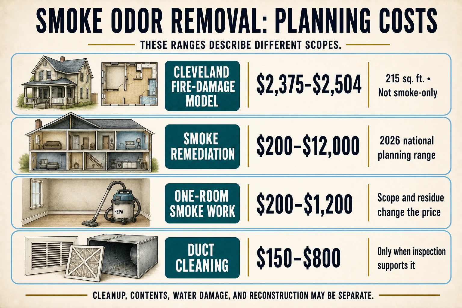 Infographic shows planning ranges of $2,375–$2,504 for a your local area fire-damage model, $200–$12,000 for smoke remediation, $200–$1,200 for one room, and $150–$800 for duct cleaning.