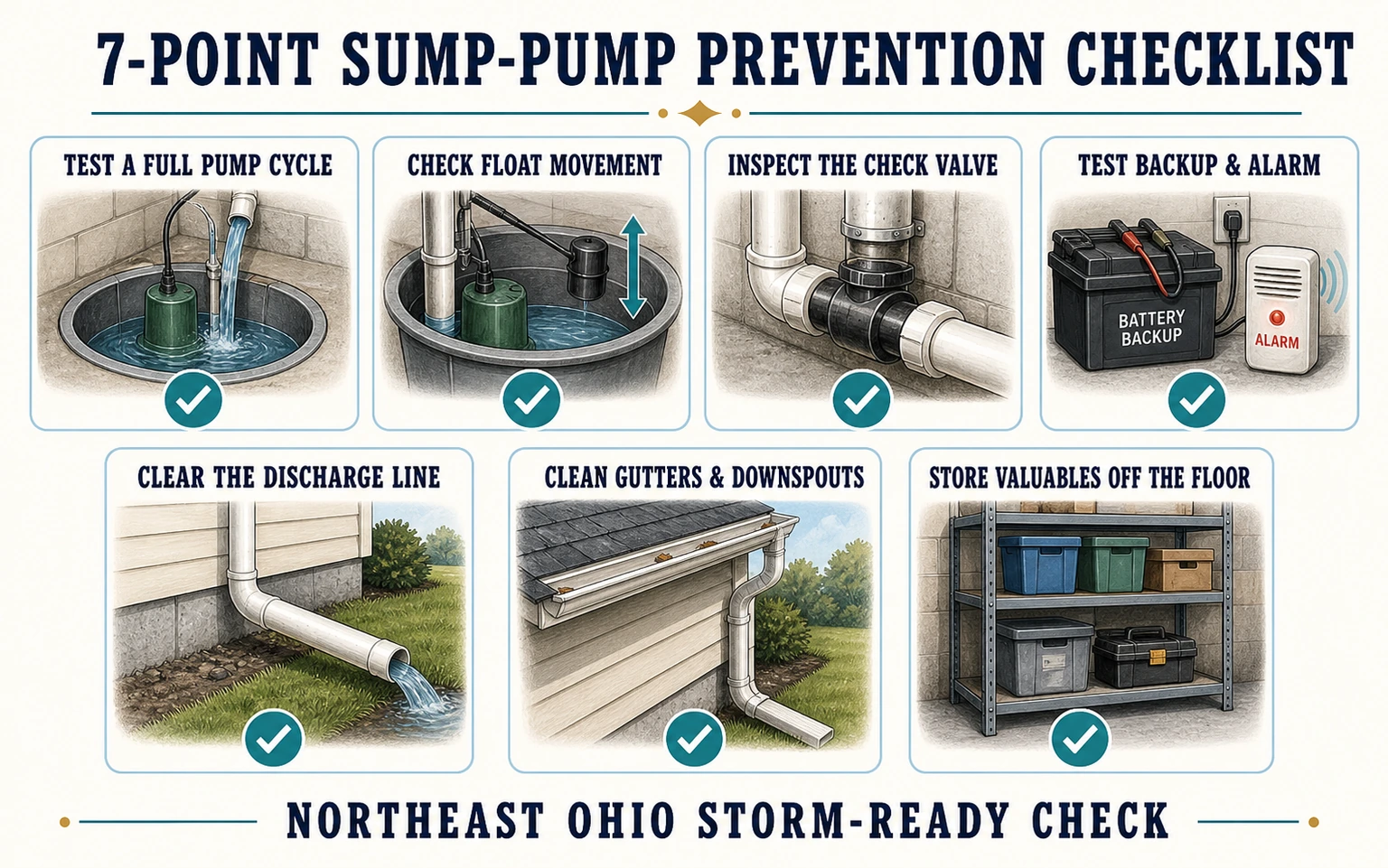 Infographic showing a seven-point sump-pump prevention checklist for your area storms and snowmelt.