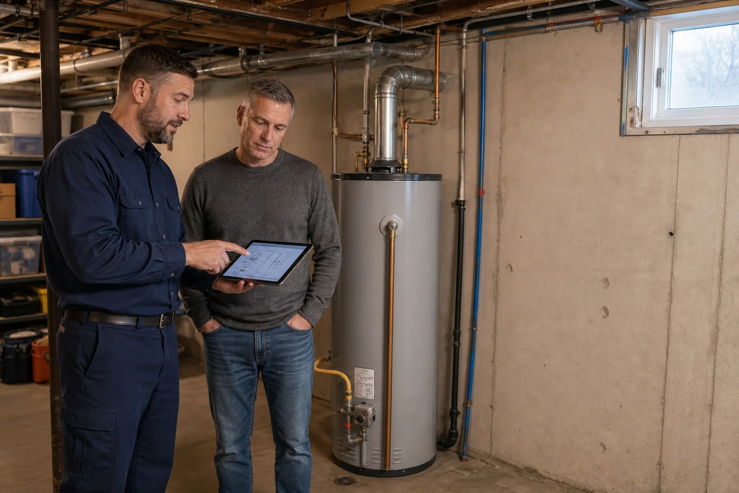 Plumber and homeowner review tankless replacement plans beside a traditional gas tank water heater in a your area basement.