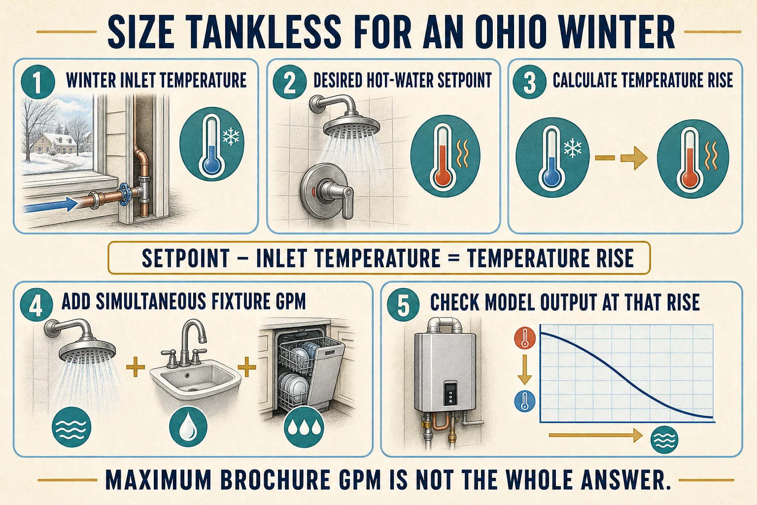 Five-step infographic showing how to size a tankless water heater for a cold winter using inlet temperature, setpoint, temperature rise, simultaneous GPM, and model output.